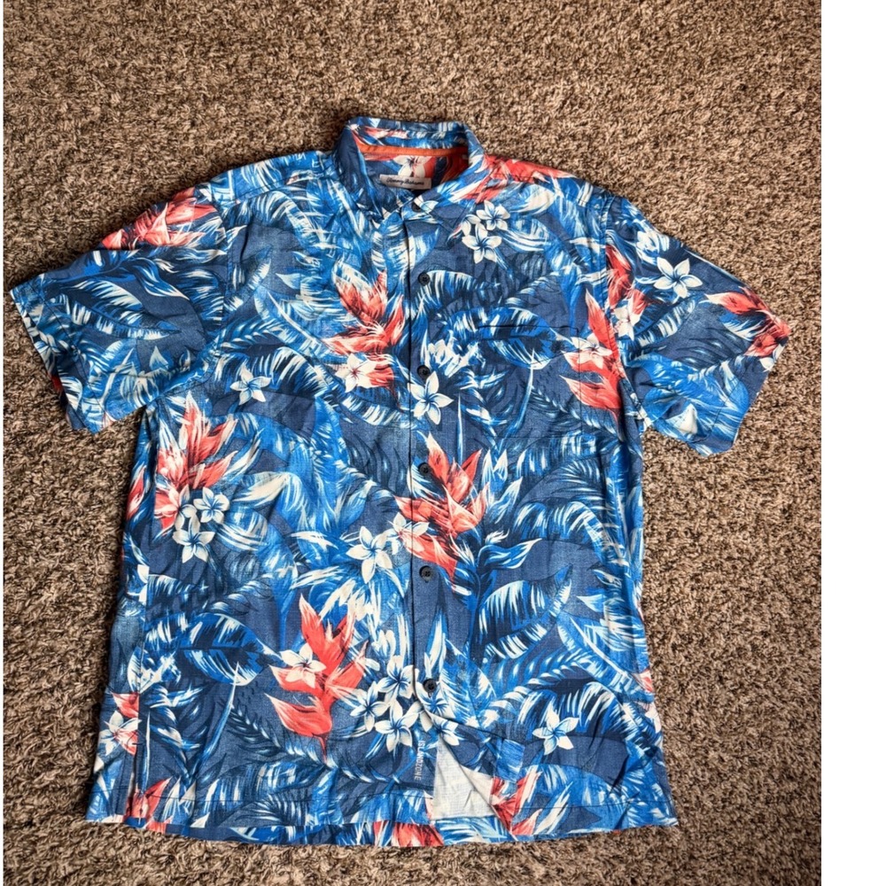 Tommy Bahama IslandZone Mens Large Blue Floral Tropical Palm‎ Silk Blend Shirt